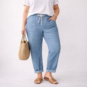 J Jill Pants Womens Denim Chambray Pull On Elastic Drawstring Cropped Blue 3X